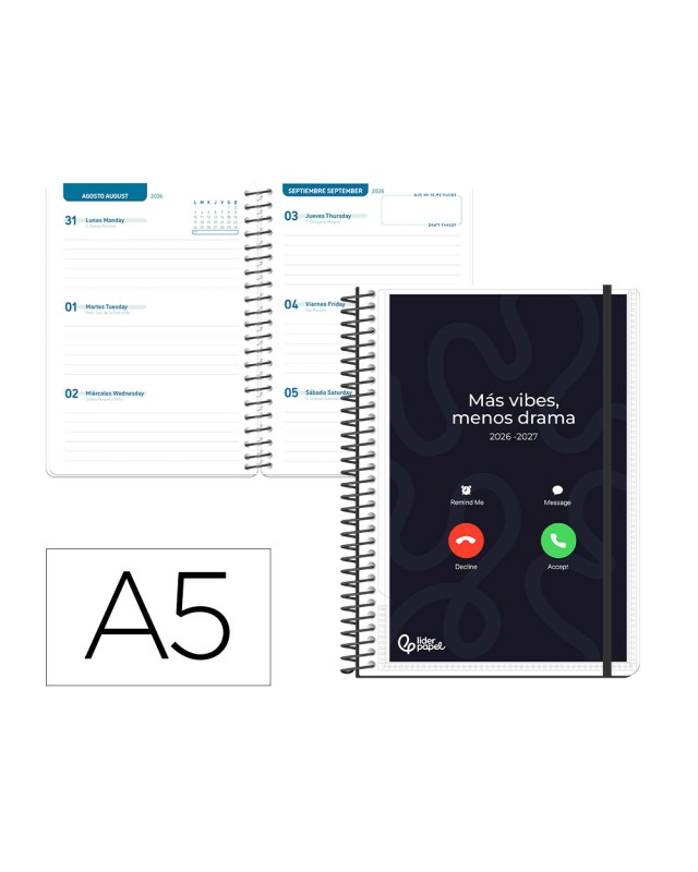 Agenda escolar liderpapel 26-27 espiral personalizable semana vista a5 bilingue 70g papel fsc