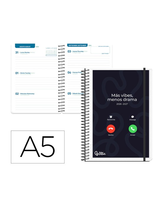 Agenda escolar liderpapel 26-27 espiral personalizable semana vista a5 bilingue 70g papel fsc