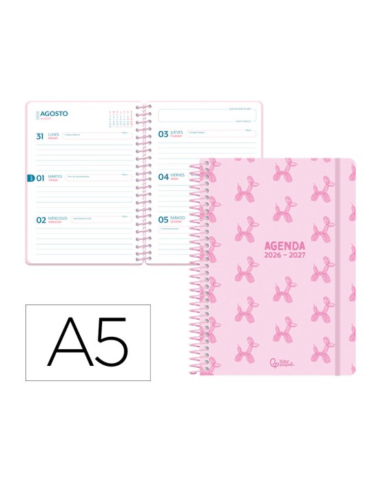 Agenda escolar liderpapel 26-27 espiral petite semana vista a5 bilingue 80g papel fsc rosa