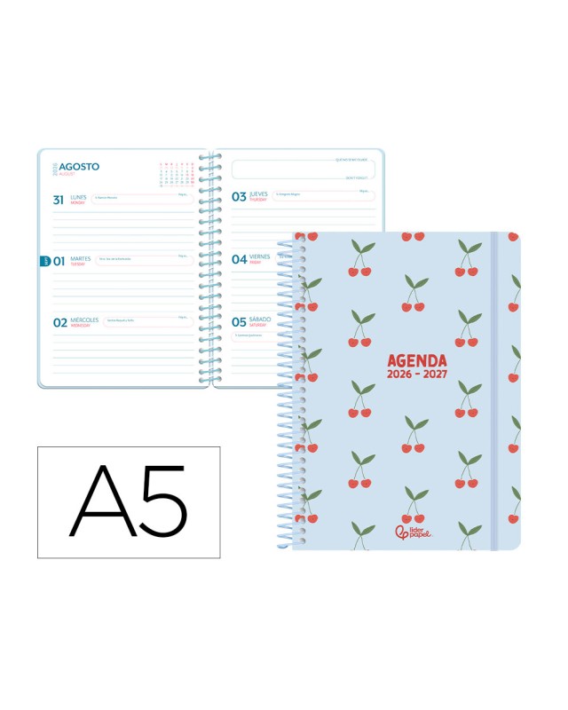 Agenda escolar liderpapel 26-27 espiral petite semana vista a5 bilingue 80g papel fsc azul