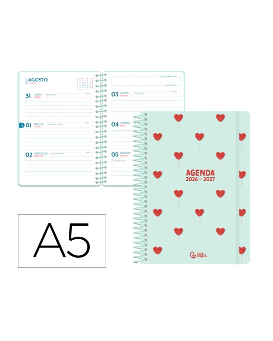 Agenda escolar liderpapel 26-27 espiral petite semana vista a5 bilingue 80g papel fsc verde