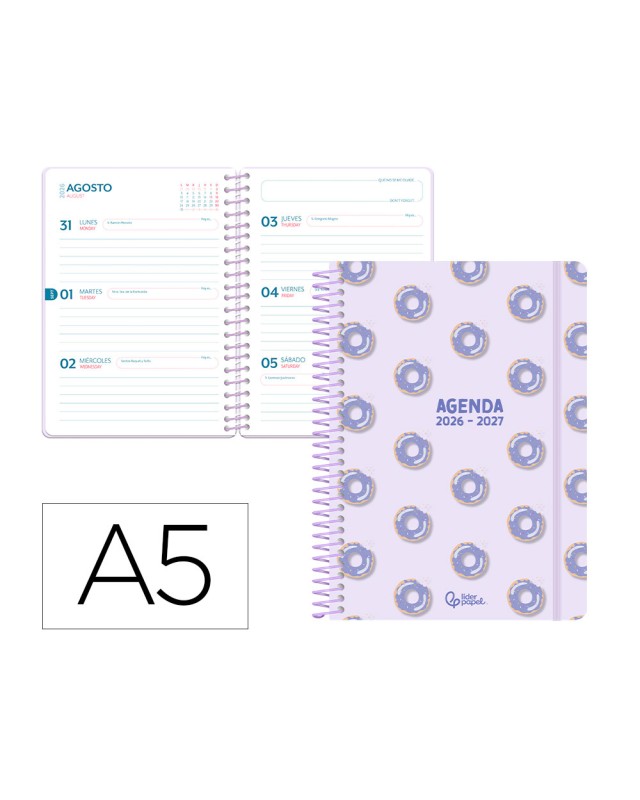Agenda escolar liderpapel 26-27 espiral petite semana vista a5 bilingue 80g papel fsc morado