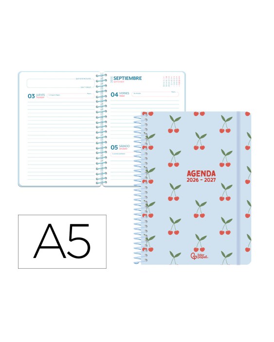 Agenda escolar liderpapel 26-27 espiral petite dia pagina a5 bilingue 80g papel fsc azul