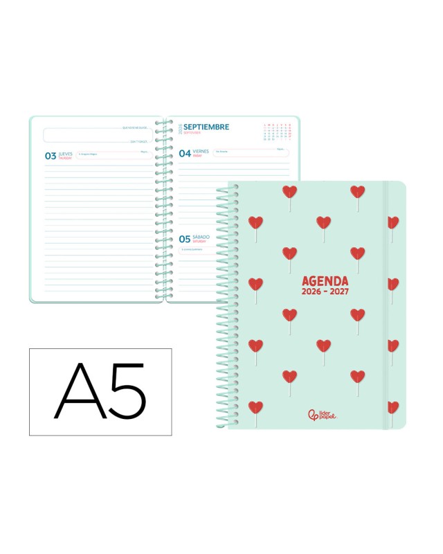 Agenda escolar liderpapel 26-27 espiral petite dia pagina a5 bilingue 80g papel fsc verde