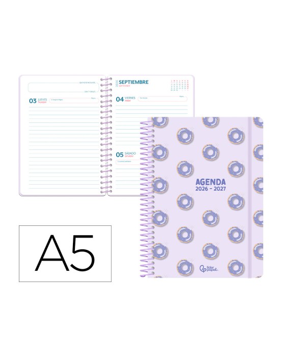 Agenda escolar liderpapel 26-27 espiral petite dia pagina a5 bilingue 80g papel fsc morado