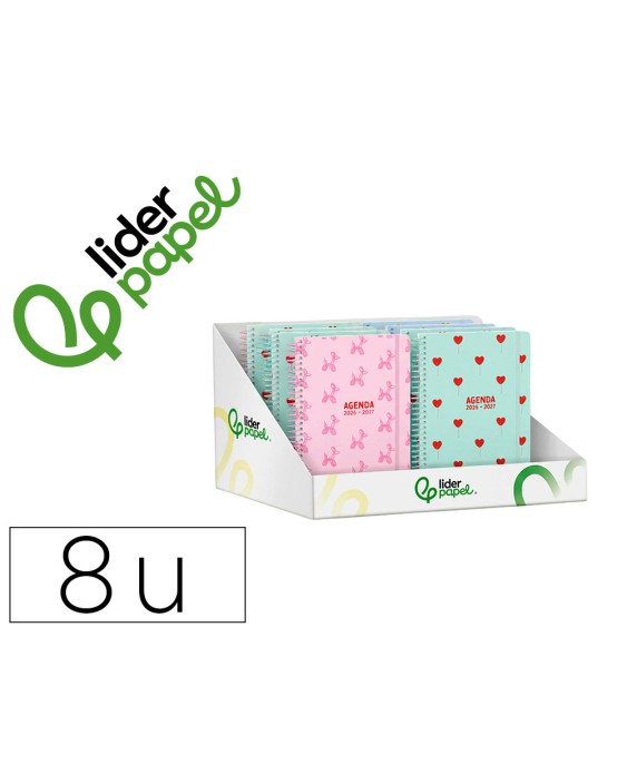 Agenda escolar liderpapel 26-27 espiral petite diseños surtidos bilingüe 80g papel fsc expositor 8 unidades