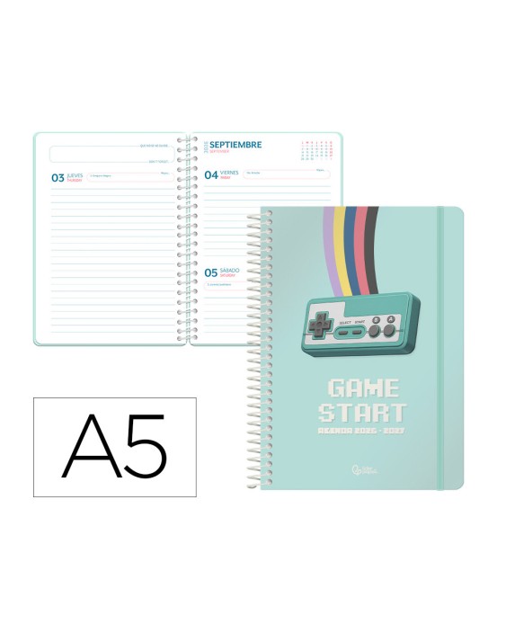 Agenda escolar liderpapel 26-27 espiral game on dia pagina a5 bilingue 80g papel fsc verde