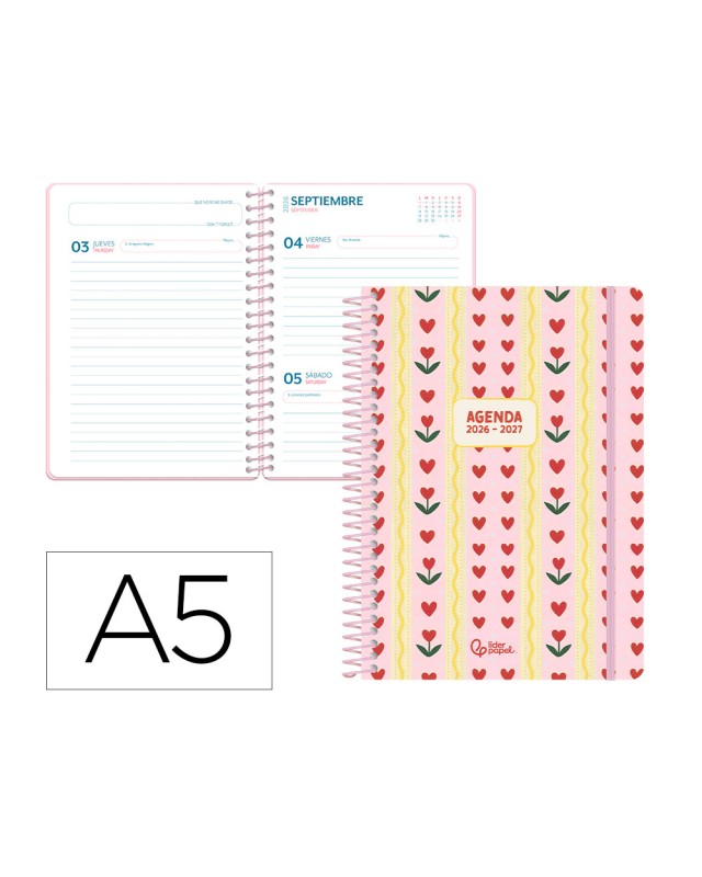 Agenda escolar liderpapel 26-27 espiral cottage dia pagina a5 bilingue 80g papel fsc rosa corazones