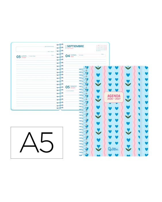 Agenda escolar liderpapel 26-27 espiral cottage dia pagina a5 bilingue 80g papel fsc azul corazones