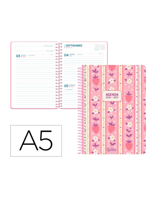 Agenda escolar liderpapel 26-27 espiral cottage a dia pagina a5 bilingue 80g papel fsc rosa fresas