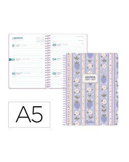 Agenda escolar liderpapel 26-27 espiral cottage semana vista a5 bilingue 80g papel fsc azul fresas