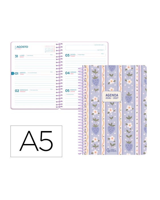 Agenda escolar liderpapel 26-27 espiral cottage semana vista a5 bilingue 80g papel fsc azul fresas