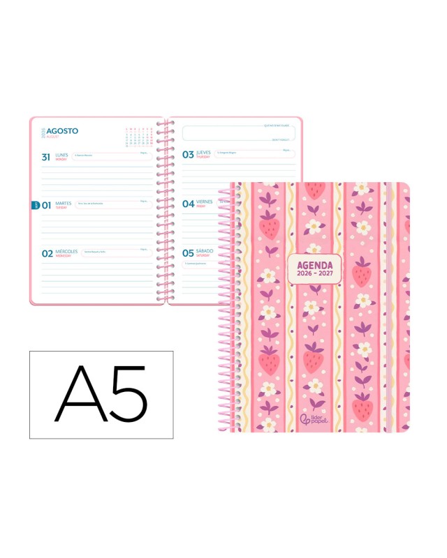 Agenda escolar liderpapel 26-27 espiral cottage semana vista a5 bilingue 80g papel fsc rosa fresas