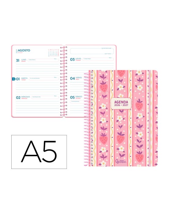 Agenda escolar liderpapel 26-27 espiral cottage semana vista a5 bilingue 80g papel fsc rosa fresas