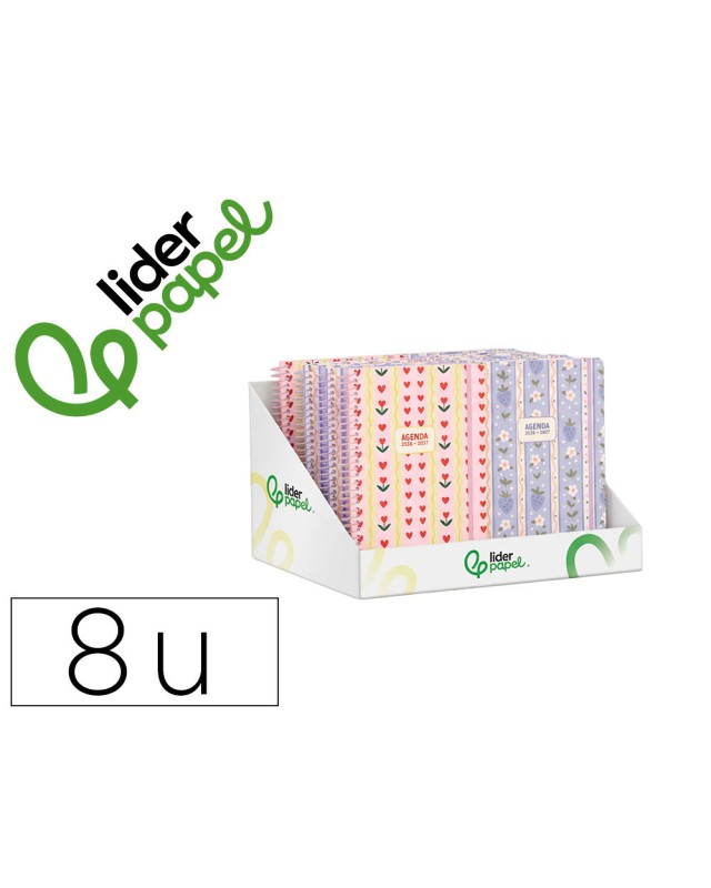 Agenda escolar liderpapel 26-27 espiral cottage diseños surtidos bilingüe 80 g papel fsc expositor 8 unidades