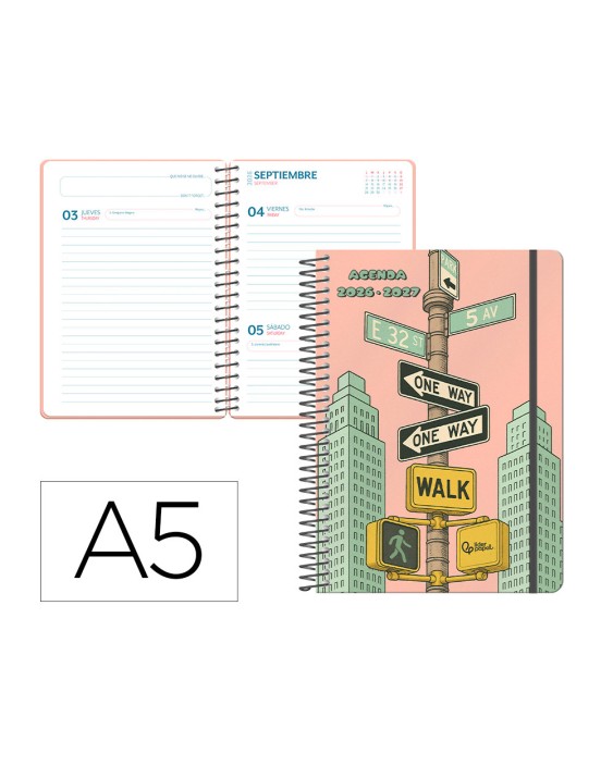 Agenda escolar liderpapel 26-27 espiral city rosa dia pagina a5 bilingue 80g papel fsc amarillo