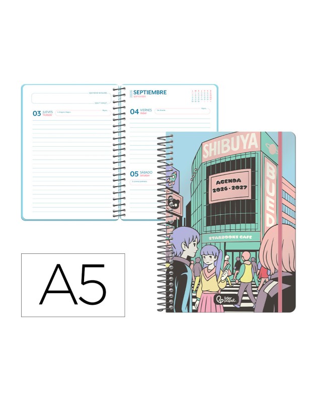 Agenda escolar liderpapel 26-27 espiral city celeste diapagina a5 bilingue 80g papel fsc rosa