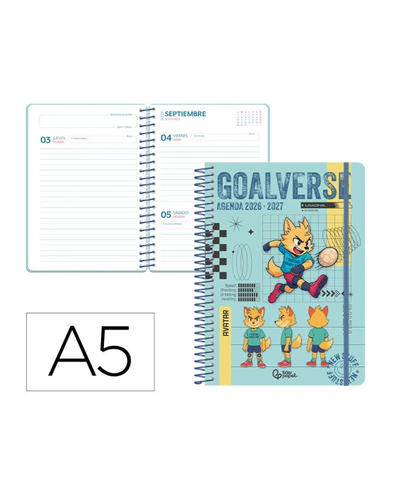 Agenda escolar liderpapel 26-27 espiral sports dia pagina a5 bilingue 80g papel fsc azul perro