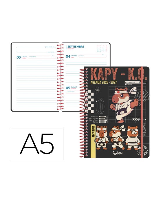 Agenda escolar liderpapel 26-27 espiral sports dia pagina a5 bilingue 80g papel fsc negro capibara