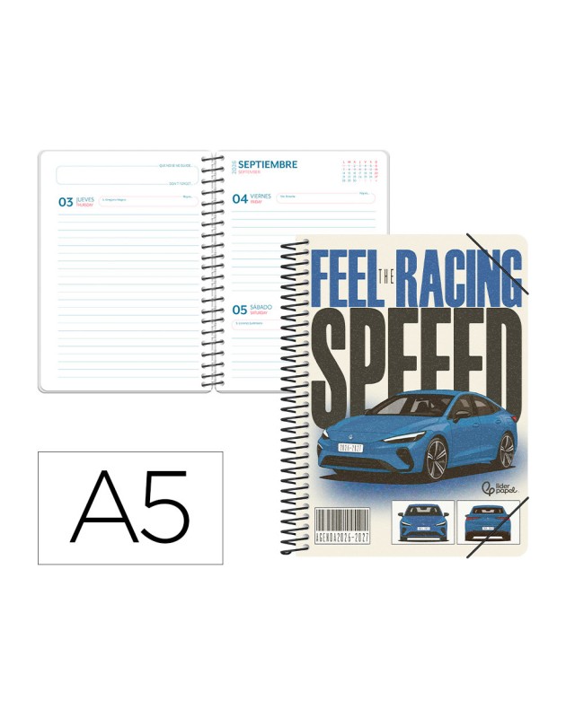 Agenda escolar liderpapel 26-27 espiral cars dia pagina a5 bilingue 80g papel fsc coche azul