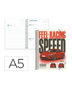 Agenda escolar liderpapel 26-27 espiral cars dia pagina a5 bilingue 80g papel fsc coche rojo