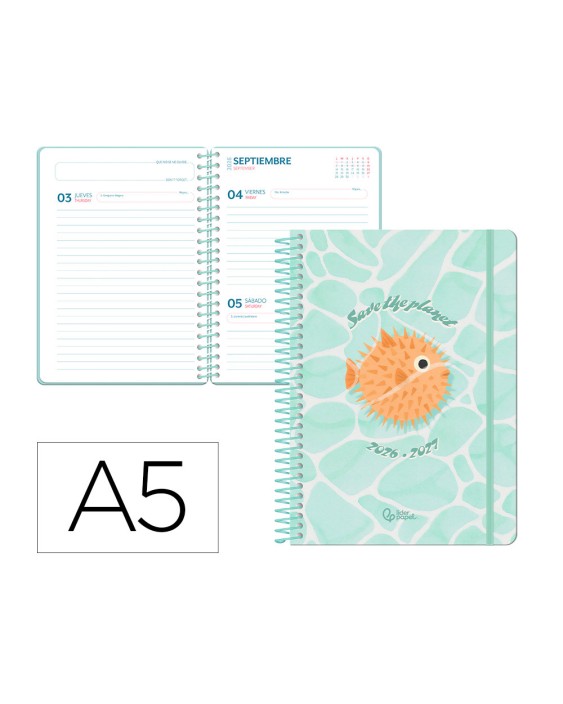 Agenda escolar liderpapel 26-27 espiral save planet dia pagina a5 bilingue 80g papel fsc azul