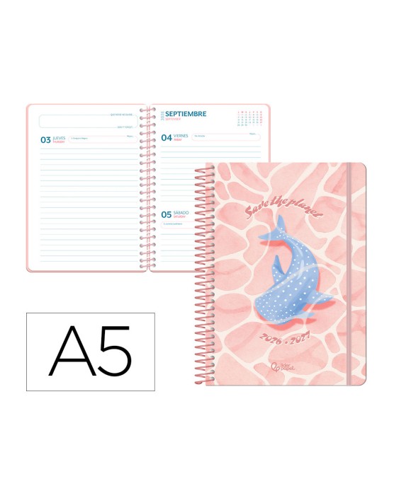 Agenda escolar liderpapel 26-27 espiral save planet dia pagina a5 bilingue 80g papel fsc rosa