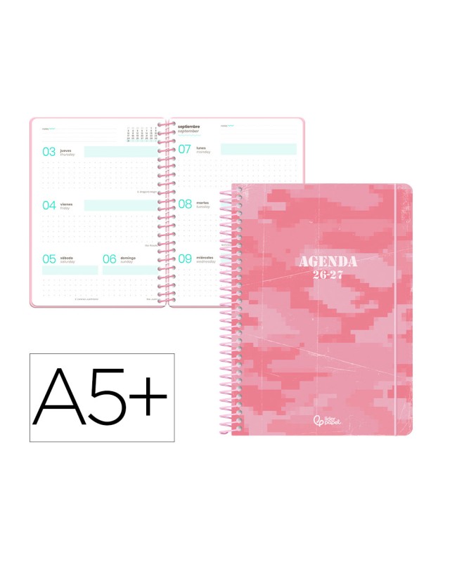 Agenda escolar liderpapel 26-27 espiral military semana vista a5+ bilingue 80g papel fsc rosa