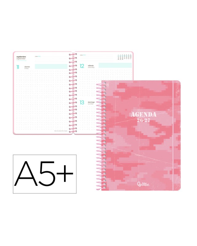 Agenda escolar liderpapel 26-27 espiral military dia pagina a5+ bilingue 80g papel fsc rosa