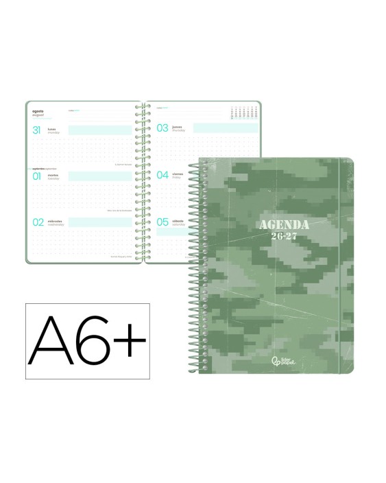 Agenda escolar liderpapel 26-27 espiral military semana vista a6+ bilingue 80g papel fsc verde