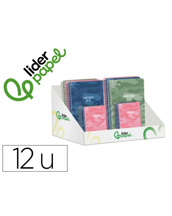 Agenda escolar liderpapel 26-27 espiral military diseñossurtidos bilingüe 80g papel fsc expositor 12 unidades