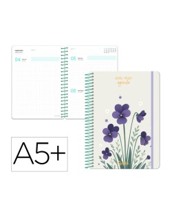 Agenda escolar liderpapel 26-27 espiral flowers dia pagina a5+ bilingue 80g papel fsc blanco