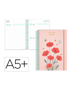 Agenda escolar liderpapel 26-27 espiral flowers dia pagina a5+ bilingue 80g papel fsc rojo