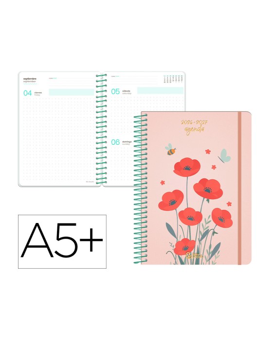 Agenda escolar liderpapel 26-27 espiral flowers dia pagina a5+ bilingue 80g papel fsc rojo