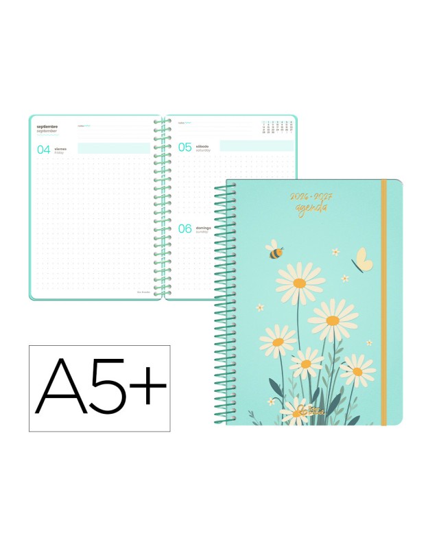 Agenda escolar liderpapel 26-27 espiral flowers dia pagina a5+ bilingue 80g papel fsc azul