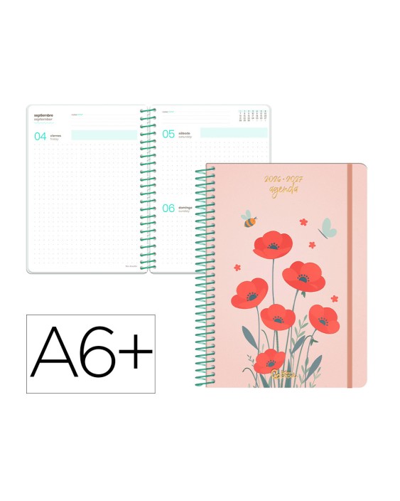 Agenda escolar liderpapel 26-27 espiral flowers dia pagina a6+ bilingue 80g papel fsc rojo