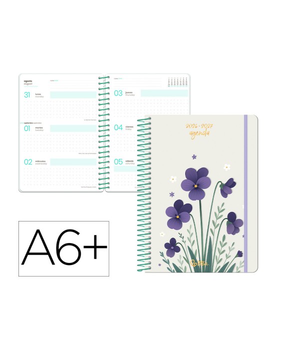 Agenda escolar liderpapel 26-27 espiral flowers semana vista a6+ bilingue 80g papel fsc blanco