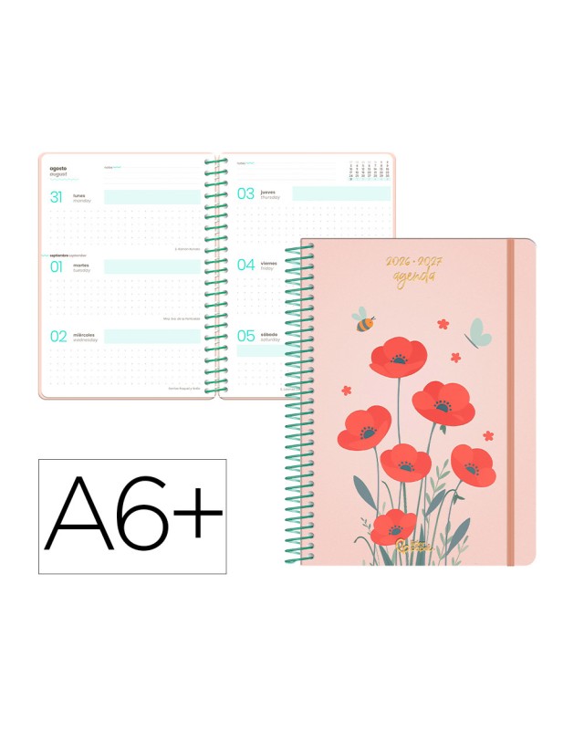 Agenda escolar liderpapel 26-27 espiral flowers semana vista a6+ bilingue 80g papel fsc rojo