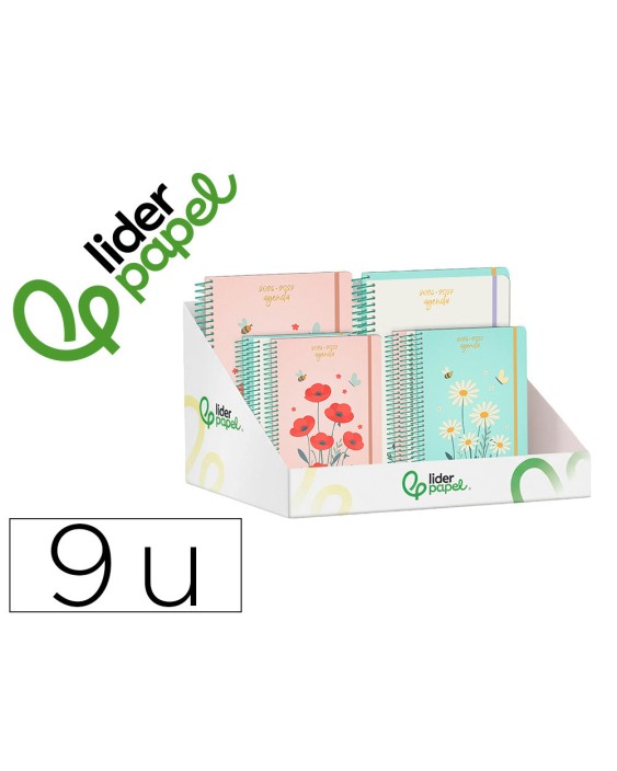Agenda escolar liderpapel 26-27 espiral flowers diseños surtidos bilingüe 80g papel fsc expositor 9 unidades