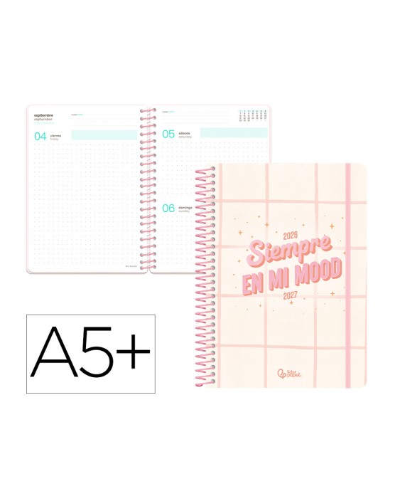 Agenda escolar liderpapel 26-27 espiral graphic dia pagina a5+ bilingue 80g papel fsc rosa