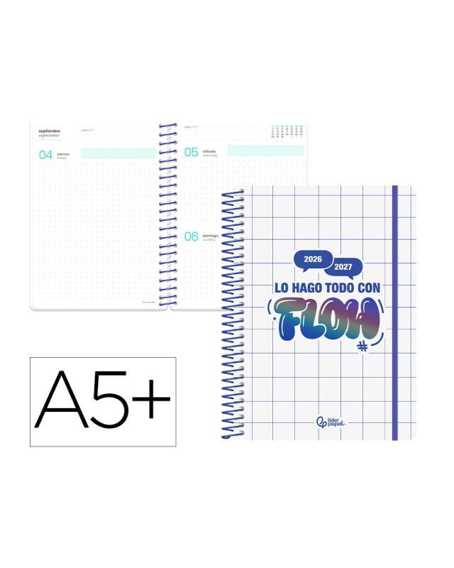 Agenda escolar liderpapel 26-27 espiral graphic dia pagina a5+ bilingue 80g papel fsc flow