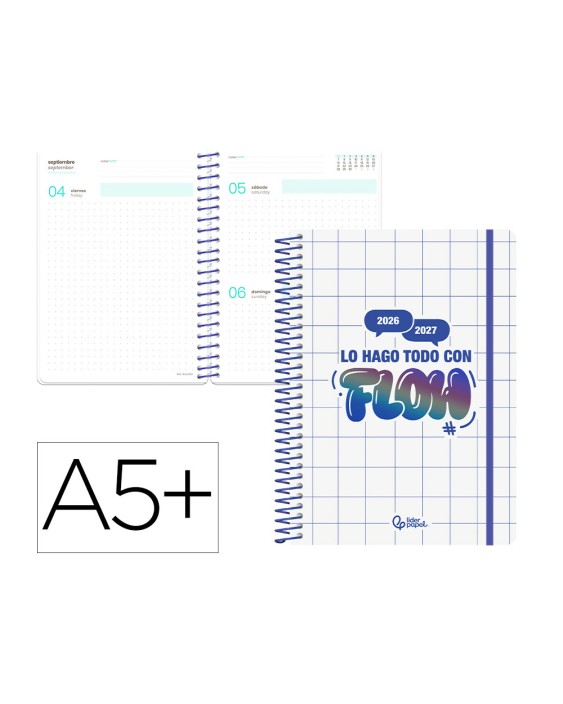 Agenda escolar liderpapel 26-27 espiral graphic dia pagina a5+ bilingue 80g papel fsc flow