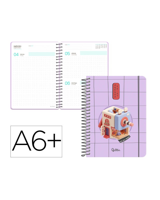 Agenda escolar liderpapel 26-27 espiral oriental dia pagina a6+ bilingue 80g papel fsc sacapuntas