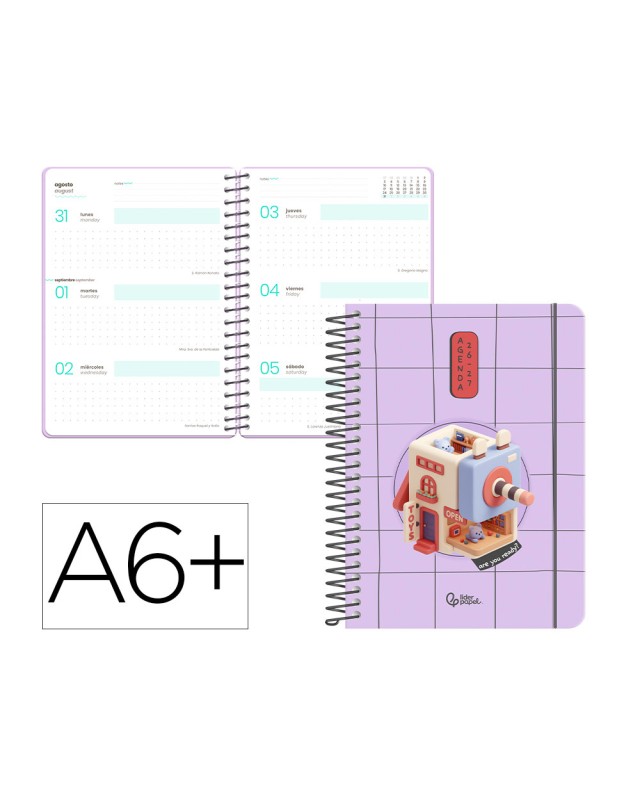 Agenda escolar liderpapel 26-27 espiral oriental semana vista a6+ bilingue 80g papel fsc sacapuntas