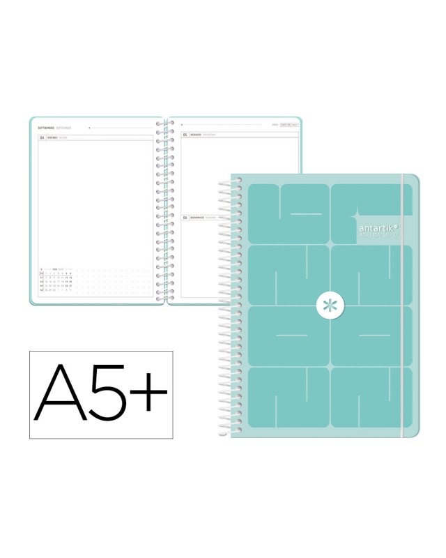 Agenda escolar antartik 26-27 espiral essentials dia pagina a5+ bilingue 80g papel fsc azul oscuro