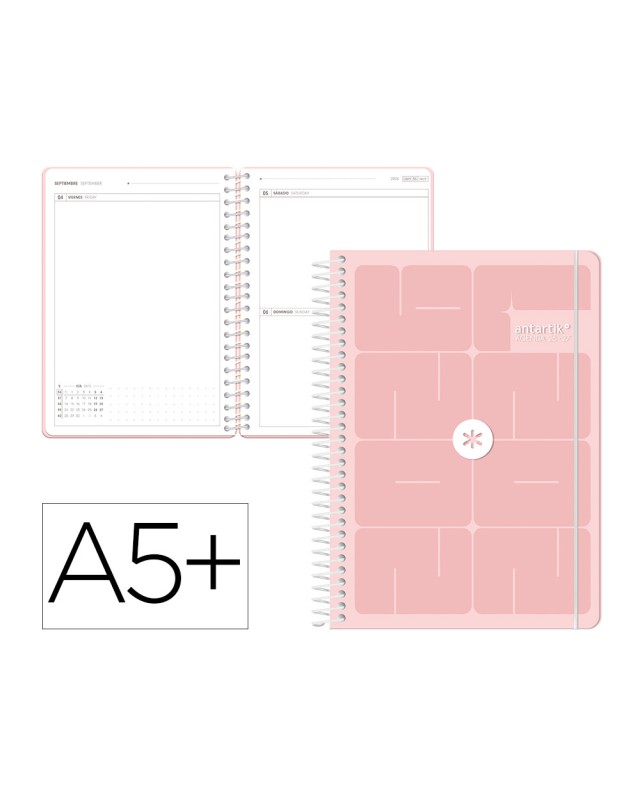 Agenda escolar antartik 26-27 espiral essentials dia pagina a5+ bilingue 80g papel fsc azul turquesa