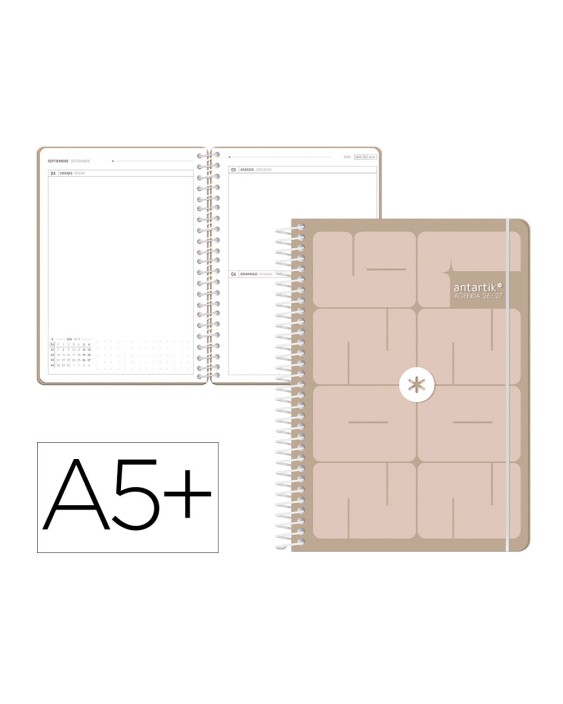 Agenda escolar antartik 26-27 espiral essentials dia pagina a5+ bilingue 80g papel fsc morado
