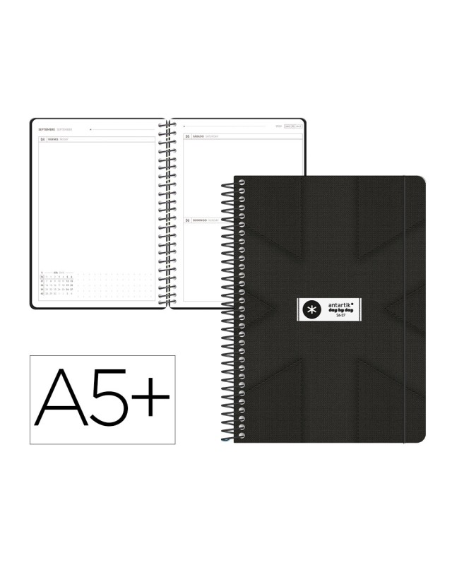 Agenda escolar antartik 26-27 espiral pack and go dia pagina a5+ bilingue 80g papel fsc negro
