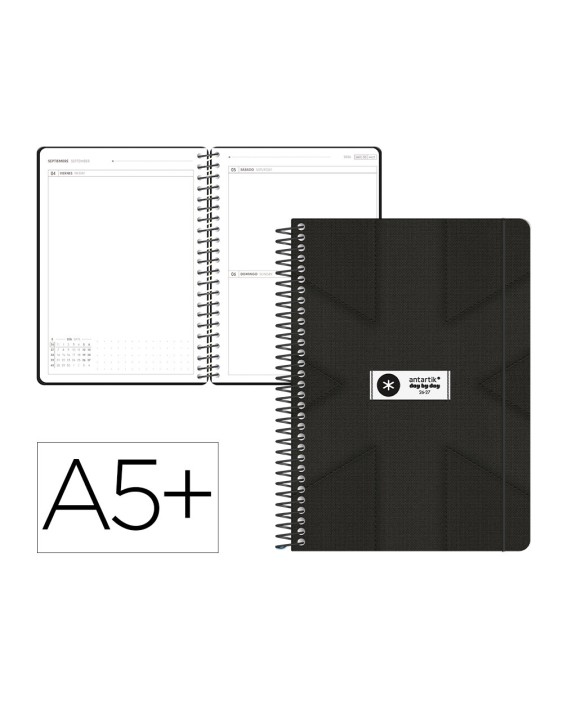 Agenda escolar antartik 26-27 espiral pack and go dia pagina a5+ bilingue 80g papel fsc negro