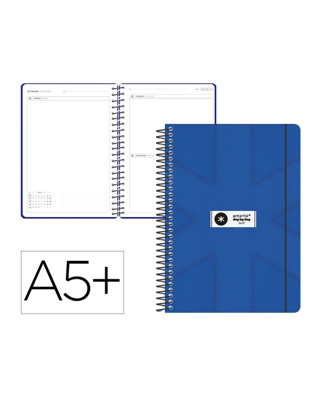 Agenda escolar antartik 26-27 espiral pack and go dia paginaa5+ bilingüe 80g papel fsc azul marino